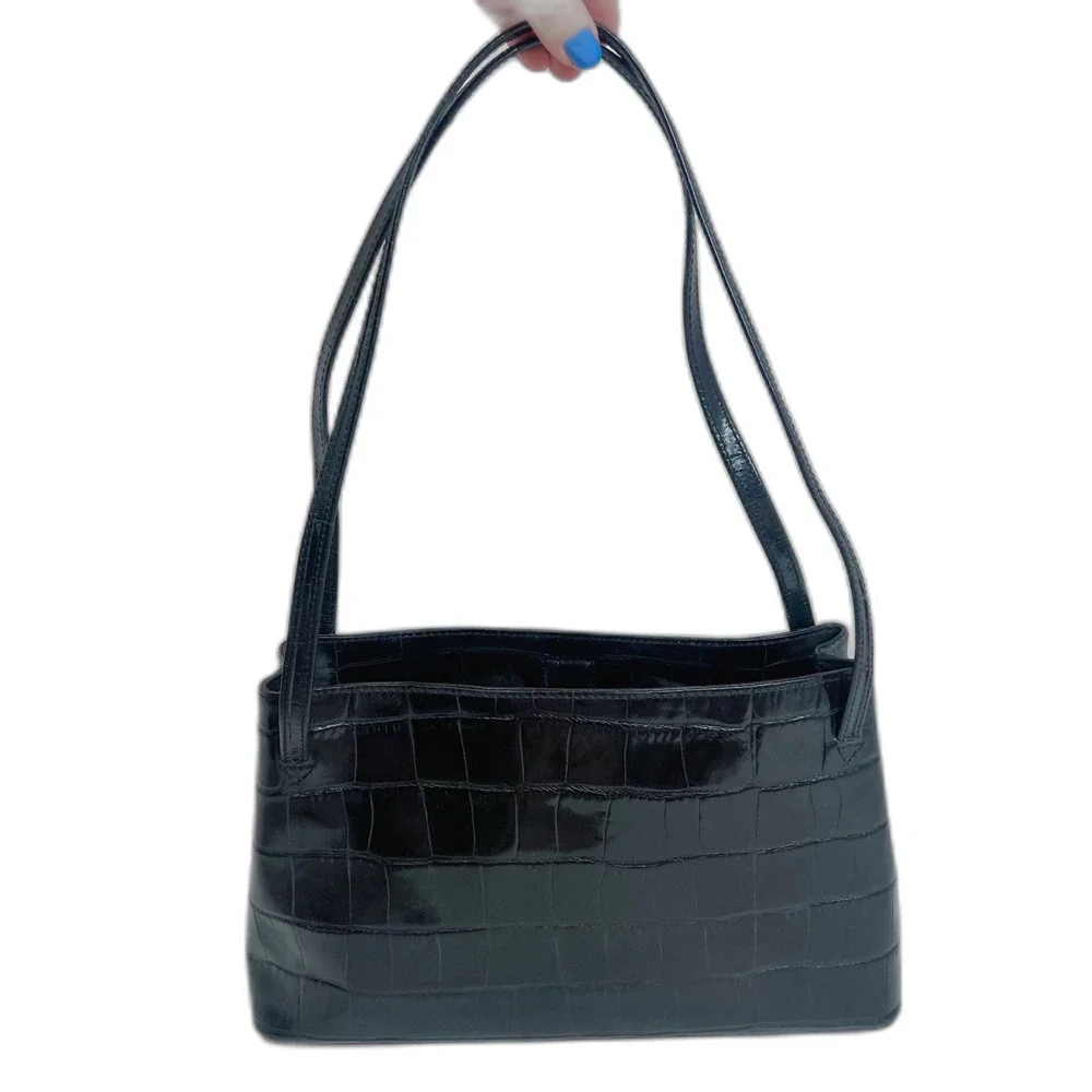 Vintage Monsac Black Crocodile Embossed Leather Shoulder Bag Purse - Picture 1 of 10